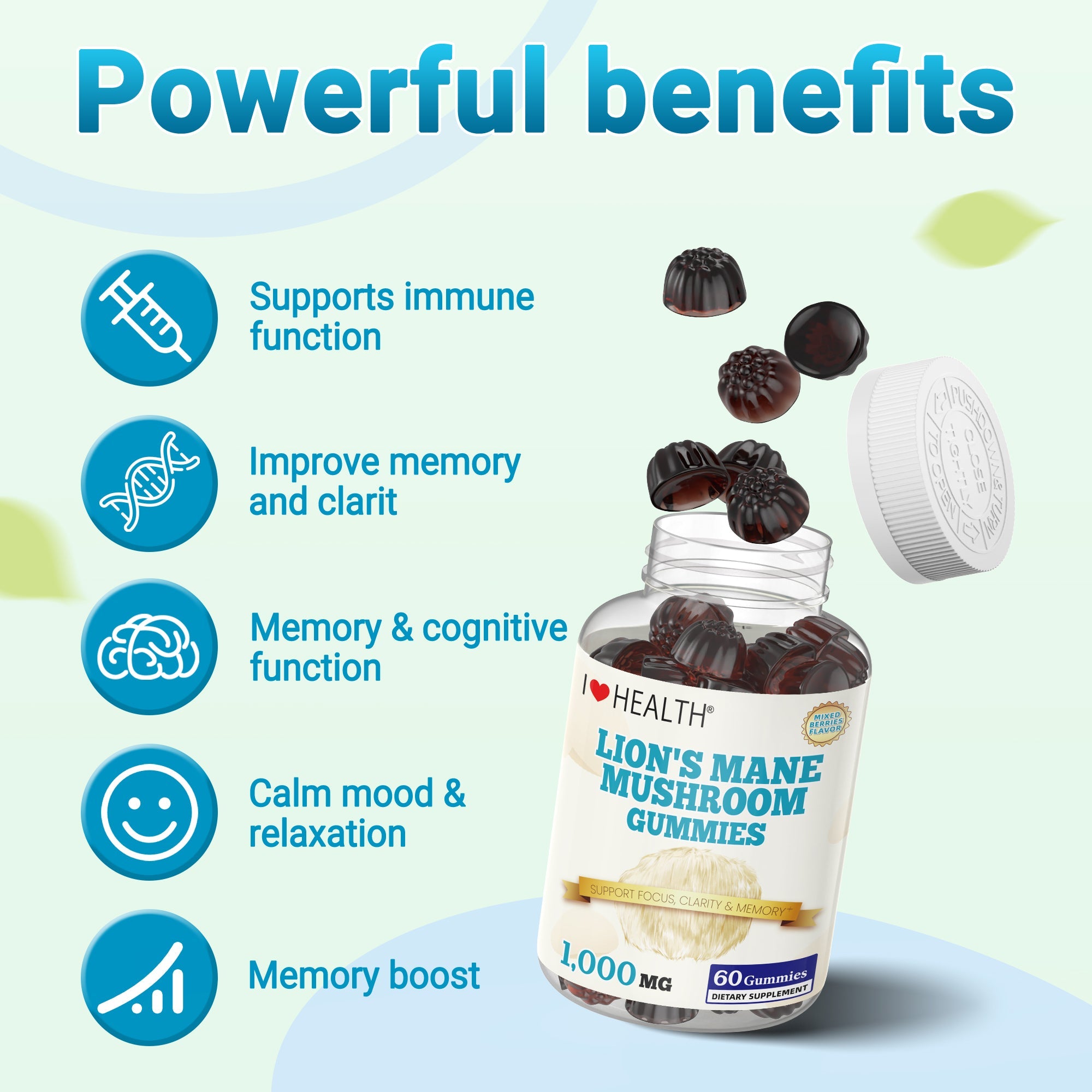 I Love Health Lion’s Mane Mushroom Extract 1000mg – 60 Gummies | Supports Cognitive Function & Mental Clarity | Natural Brain Health Supplement